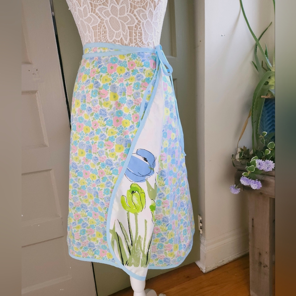 Reversible Wrap Skirt Handmade Vera Neumann Fabric 60s Floral Prints One Size - Picture 7 of 16